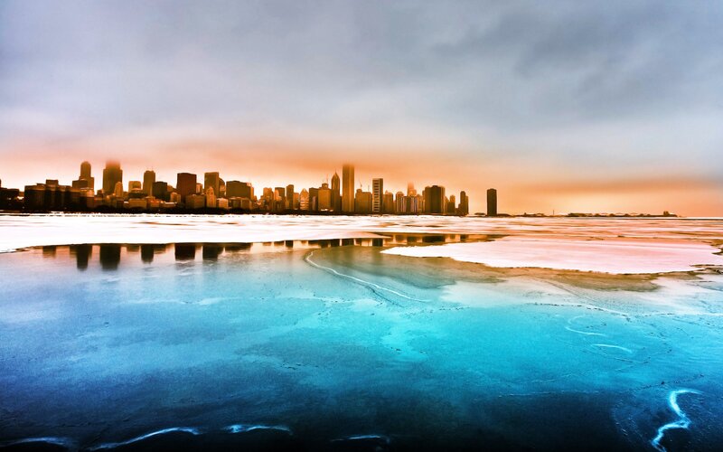Chicago Skyline at Sunset — Blue, Dramatic, Photograph, Cityscape, Frozen Lake