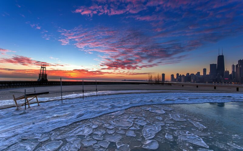 Chicago Skyline at Sunset — Blue, Dramatic, Photograph, Ice, Beach