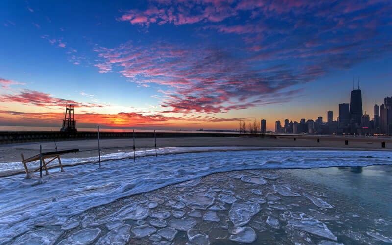 Chicago Skyline at Sunset — Blue, Dramatic, Photograph, Ice