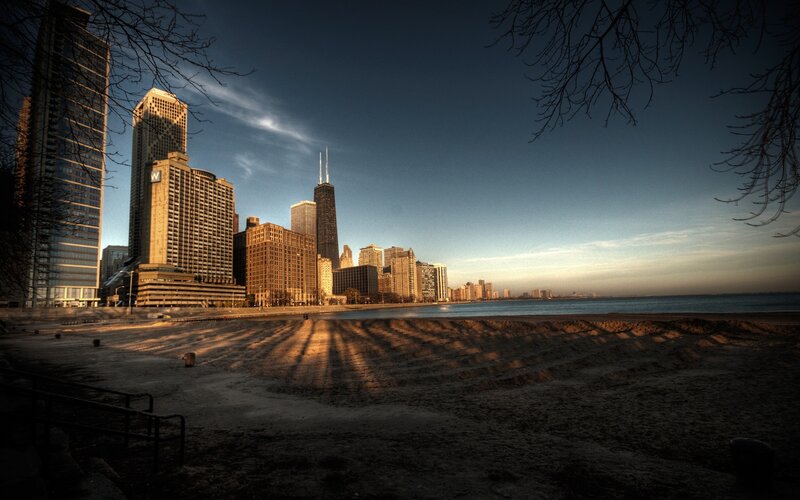 Chicago Skyline at Sunset — Blue, Dramatic, Photograph, Skyscrapers, Beach, Tree Branches
