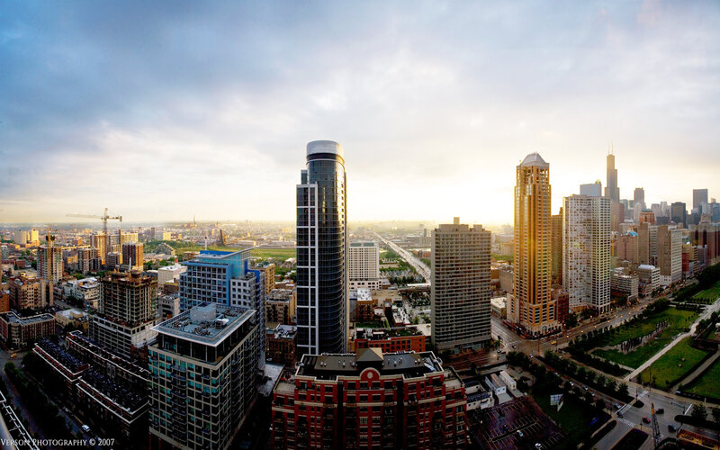 Chicago Skyline at Sunset — Blue, Dramatic, Photograph, Skyscrapers, Construction Cranes