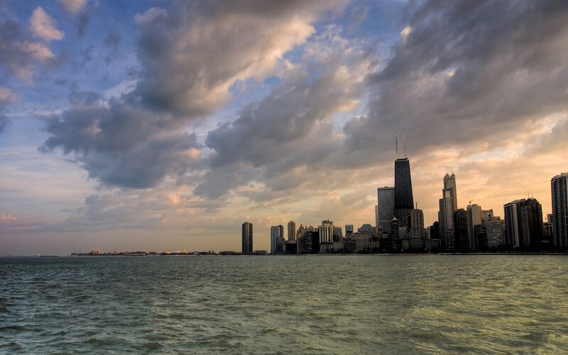 Chicago Skyline at Sunset — Blue, Dramatic, Photograph, Skyscrapers, Lake, Clouds