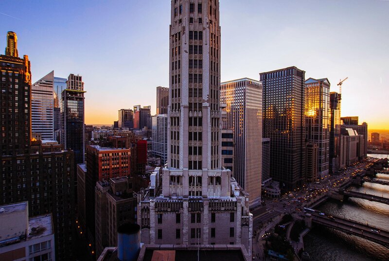 Chicago Skyline at Sunset — Blue, Dramatic, Photograph, Skyscrapers, River