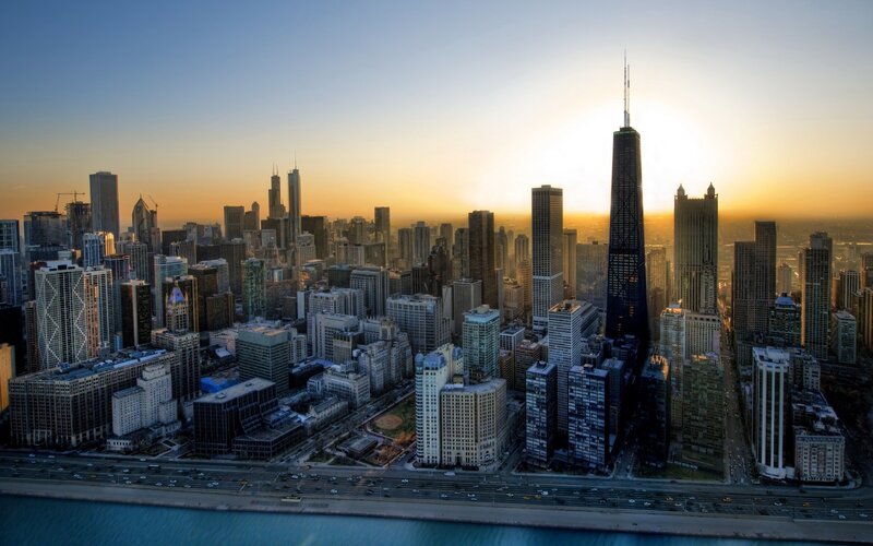 Chicago Skyline at Sunset — Blue, Dramatic, Photograph, Skyscrapers