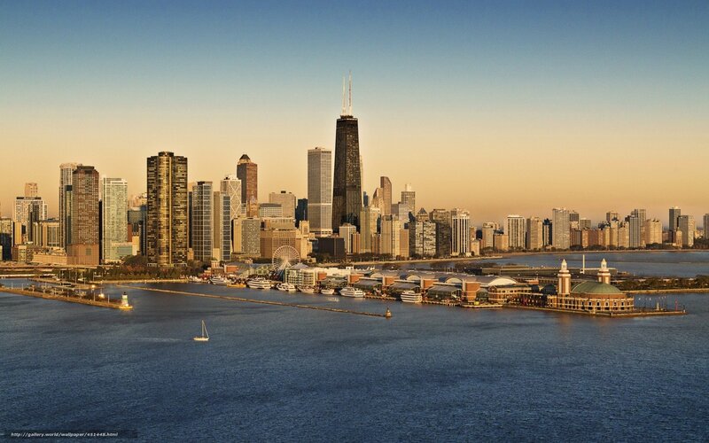 Chicago Skyline at Sunset — Blue, Serene, Photograph, Skyscraper