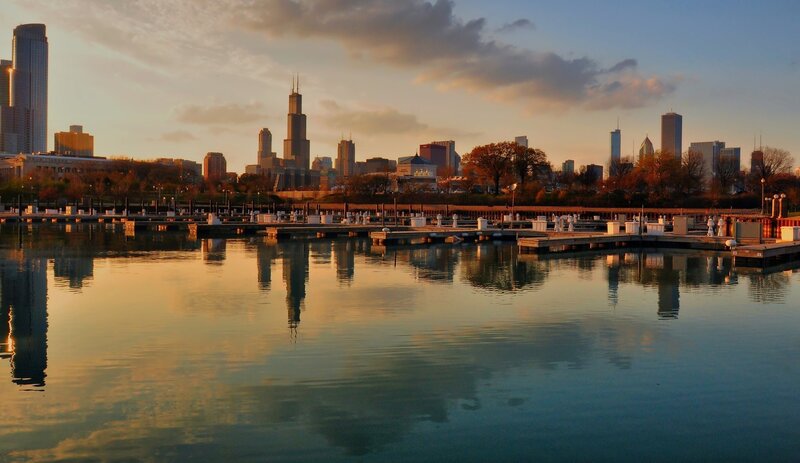 Chicago Skyline at Sunset — Blue, Serene, Photograph, Skyscrapers, Docks