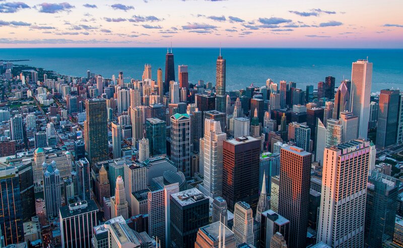 Chicago Skyline at Sunset — Blue, Serene, Photograph, Skyscrapers
