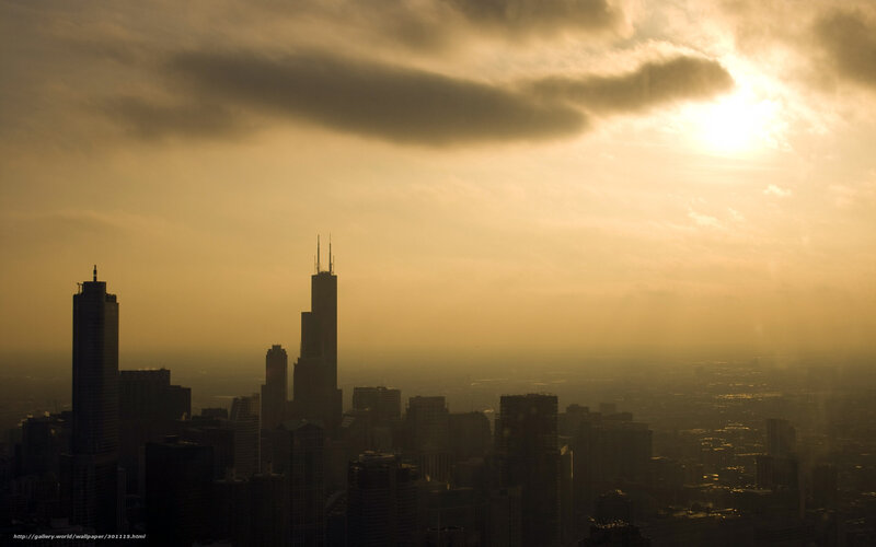Chicago Skyline at Sunset — Gold, Dramatic, Photograph, Skyscrapers, Clouds