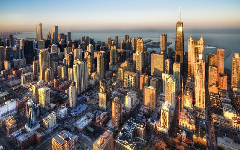 Chicago Skyline at Sunset — Gold, Dramatic, Photograph