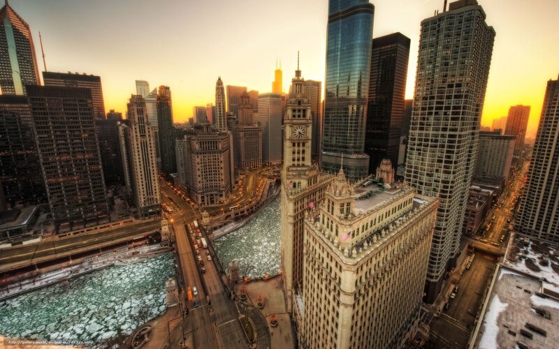Chicago Skyline at Sunset — Orange, Dramatic, Photograph, River