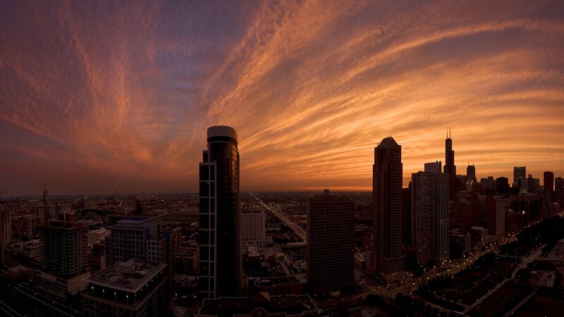 Chicago Skyline at Sunset — Orange, Dramatic, Photograph, Skyscrapers, City Lights, Clouds