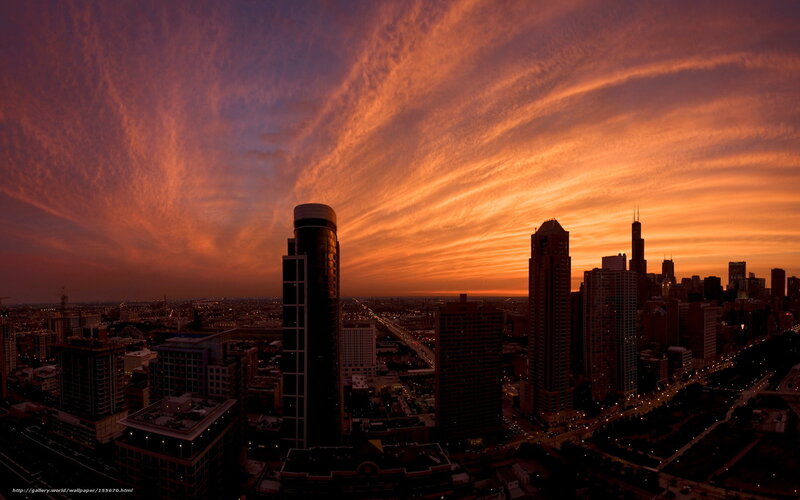 Chicago Skyline at Sunset — Orange, Dramatic, Photograph, Skyscrapers, Clouds, City Lights