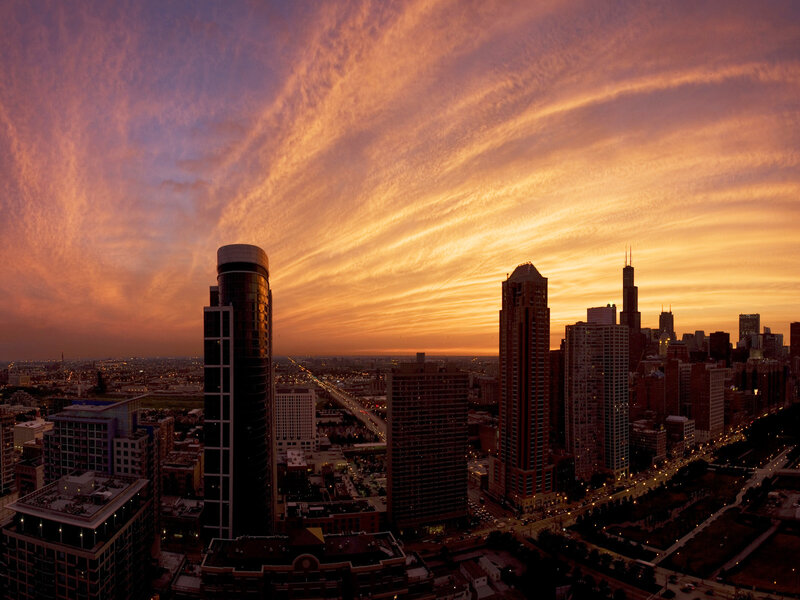 Chicago Skyline at Sunset — Orange, Dramatic, Photograph, Skyscrapers, Clouds, Highway, Purple