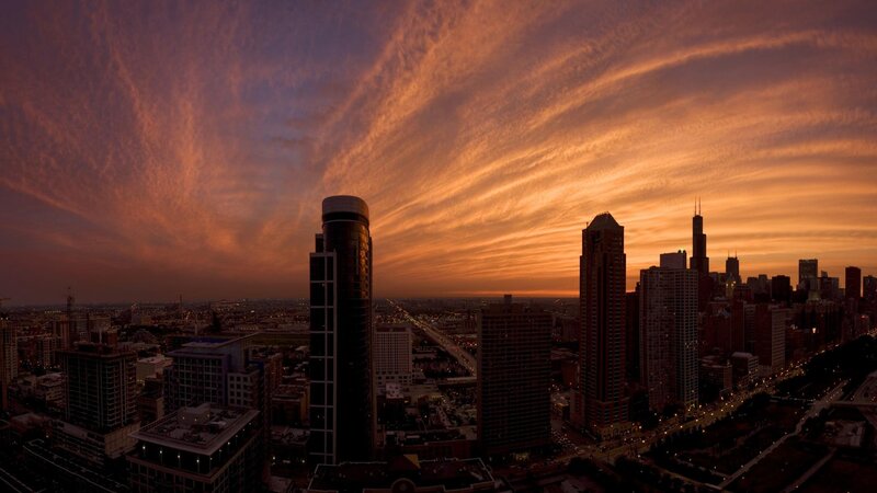Chicago Skyline at Sunset — Orange, Dramatic, Photograph, Skyscrapers, Clouds, Highway