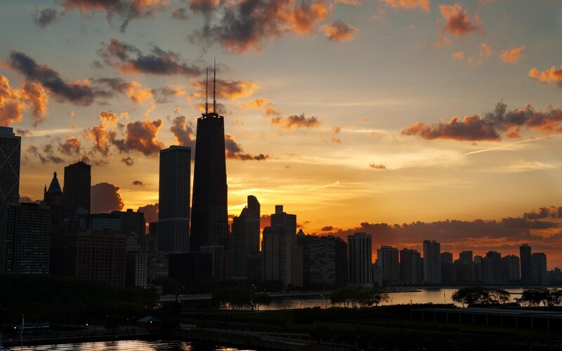 Chicago Skyline at Sunset — Orange, Dramatic, Photograph, Skyscrapers, Clouds, River