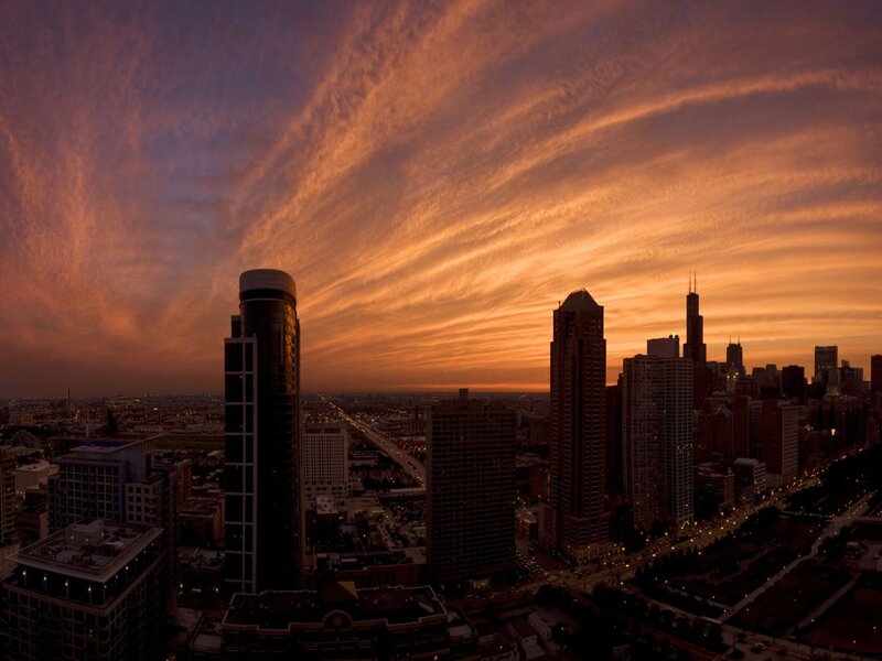 Chicago Skyline at Sunset — Orange, Dramatic, Photograph, Skyscrapers, Clouds