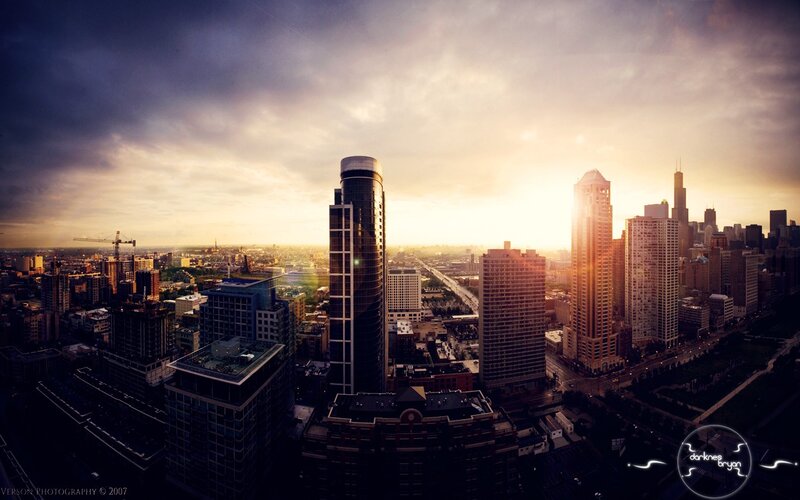 Chicago Skyline at Sunset — Orange, Dramatic, Photograph, Skyscrapers, Sunrise