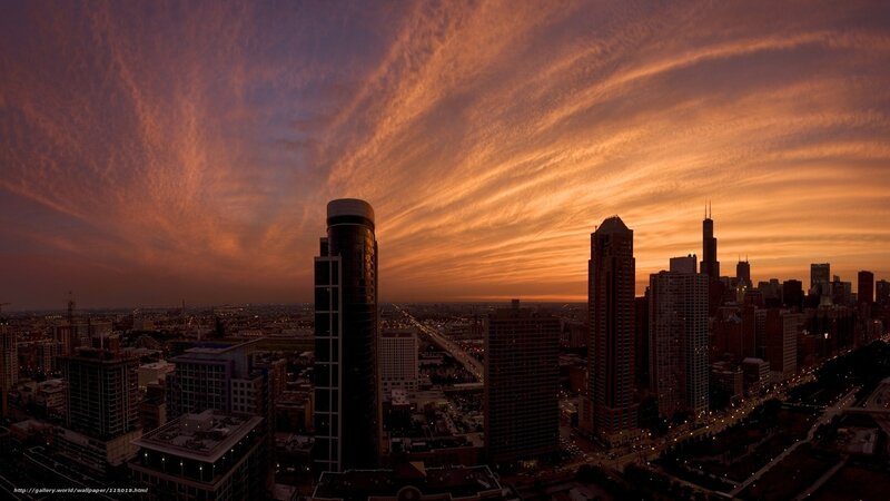 Chicago Skyline at Sunset — Orange, Dramatic, Photograph, Skyscrapers