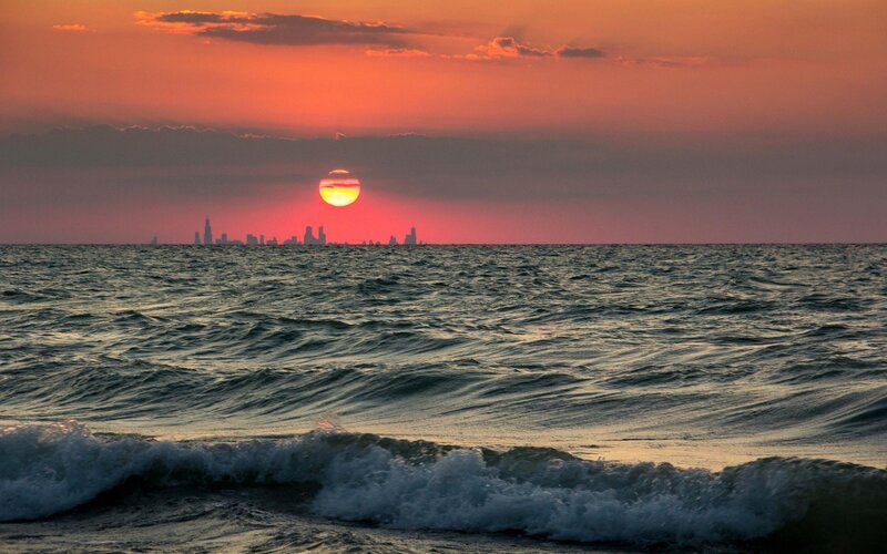 Chicago Skyline at Sunset — Orange, Dramatic, Photograph, Sun, Ocean, Cityscape