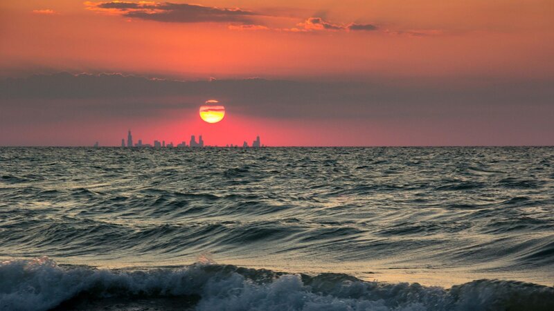 Chicago Skyline at Sunset — Orange, Dramatic, Photograph, Sun, Ocean