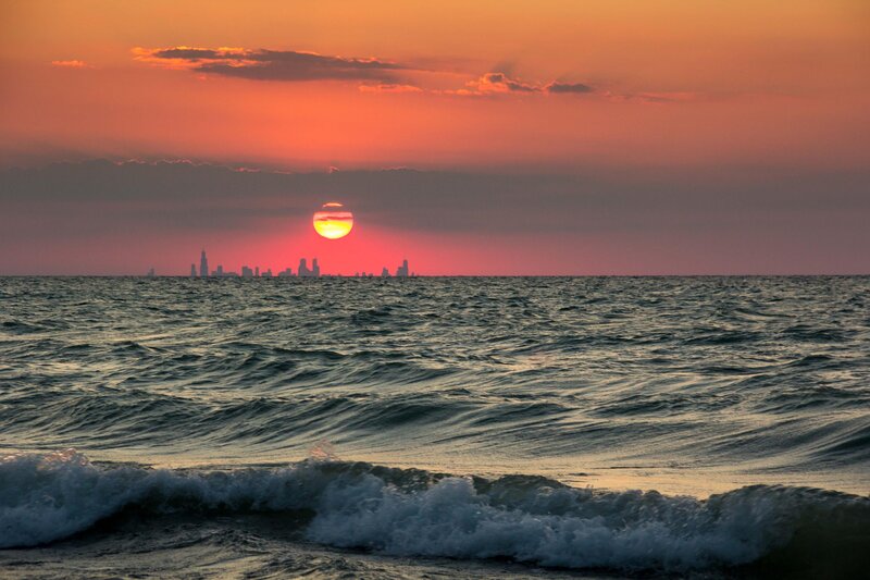 Chicago Skyline at Sunset — Orange, Dramatic, Photograph, Sun
