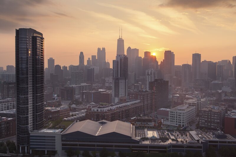 Chicago Skyline at Sunset — Orange, Serene, Photograph, Skyscrapers, Sun