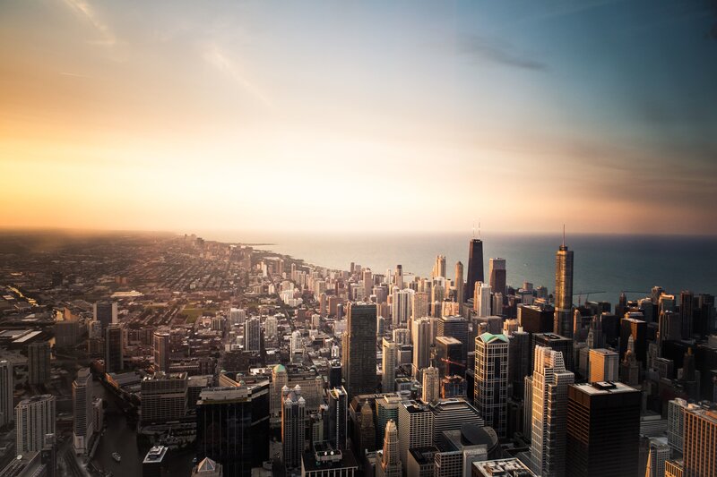 Chicago Skyline at Sunset — Orange, Serene, Photograph, Skyscrapers