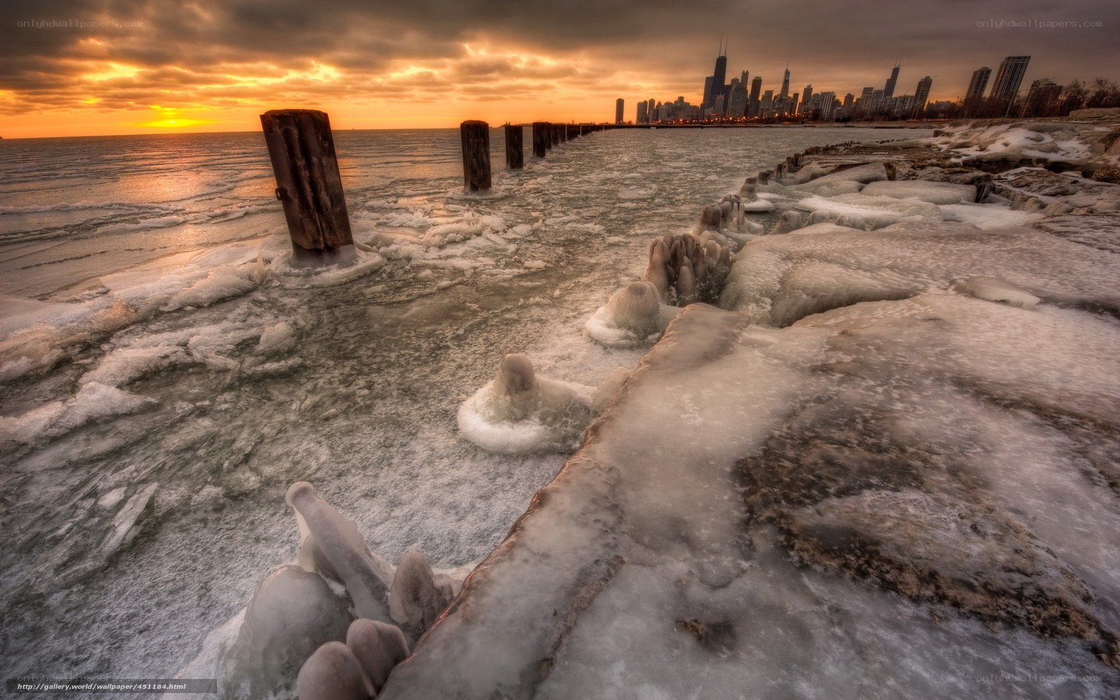 Chicago skyline at sunset with ice