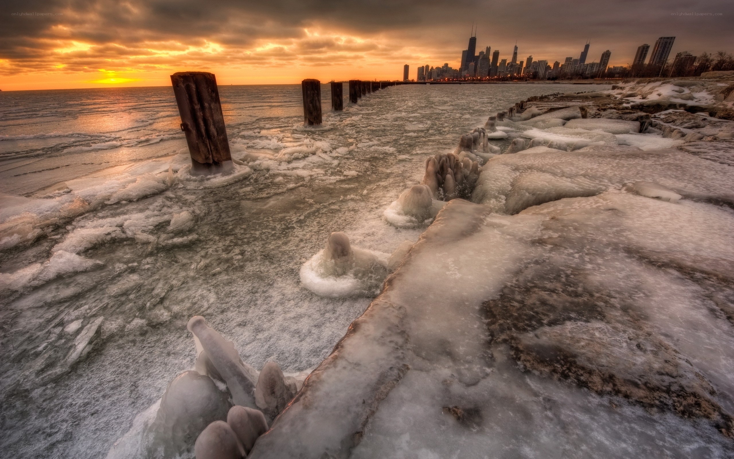 Chicago skyline at sunset with ice