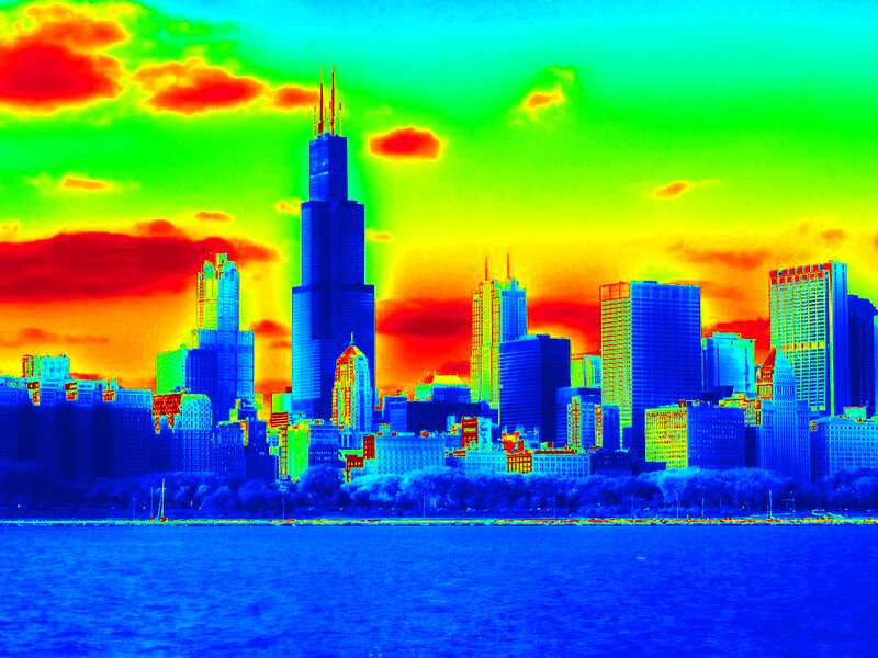 Chicago Skyline — Blue, Dramatic, Sunset, Digital Art