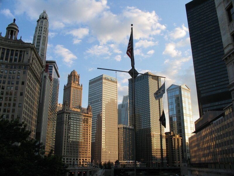 Chicago Skyline — Blue, Dramatic, Sunset, Photograph, Skyscrapers, Flagpoles
