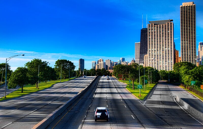 Chicago skyline from highway