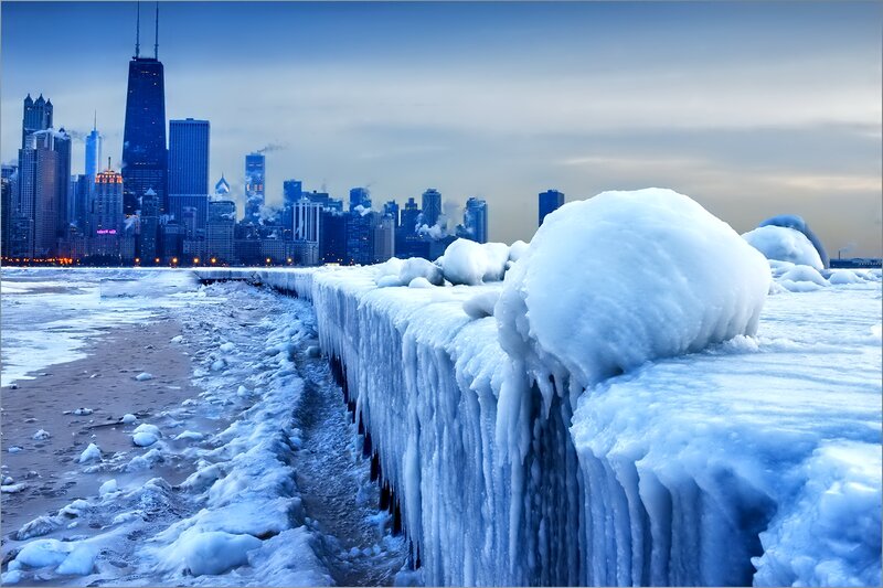 Chicago Skyline in Winter — Blue, Cold, Photograph, Skyscraper