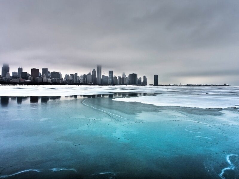 Chicago skyline on a frozen lake