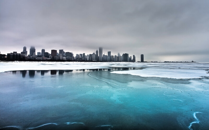 Chicago skyline on a frozen lake