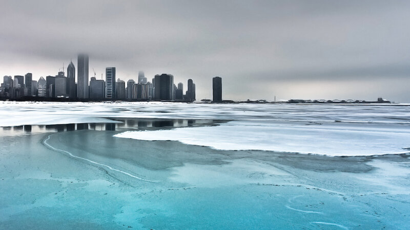 Chicago skyline on a frozen lake