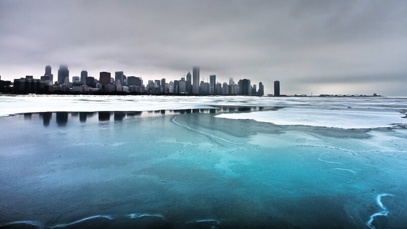 Chicago skyline on a frozen lake