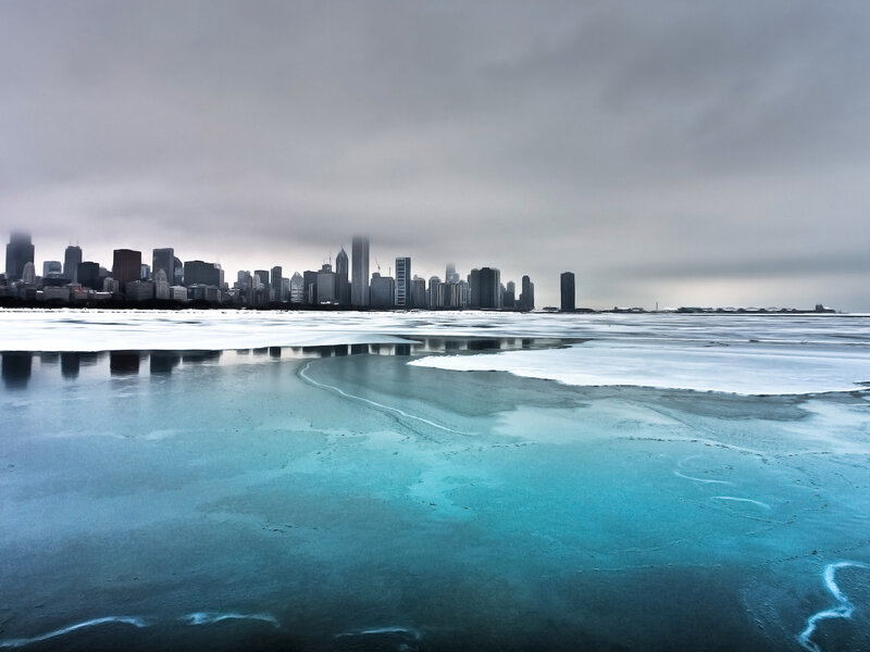 Chicago skyline on a frozen lake