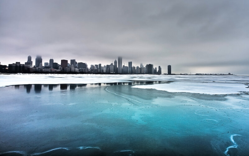 Chicago skyline on a frozen lake