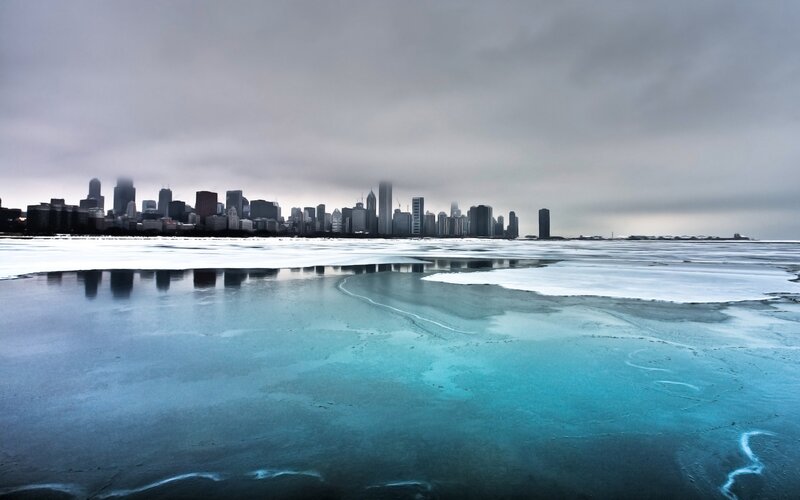 Chicago skyline on a frozen lake