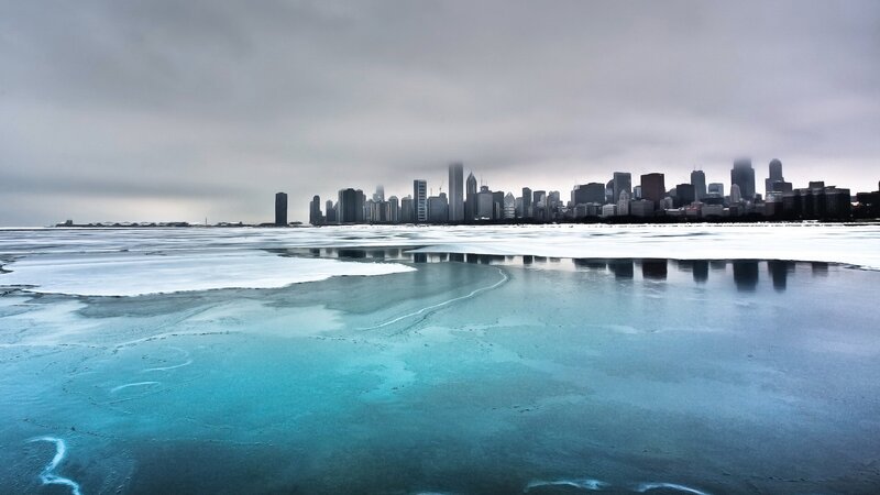Chicago skyline on a frozen lake