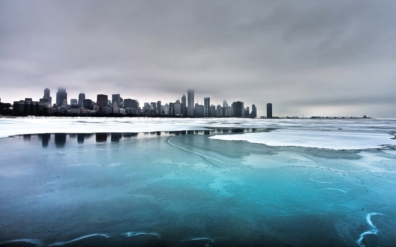 Chicago skyline on a frozen lake