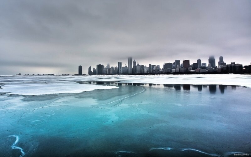 Chicago skyline on frozen lake
