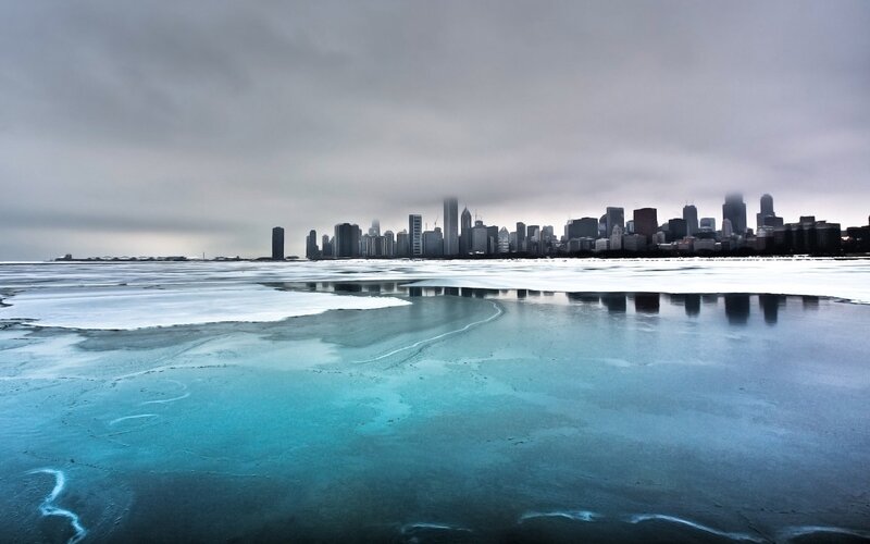 Chicago skyline on frozen lake