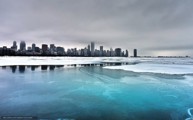 Chicago skyline on frozen lake