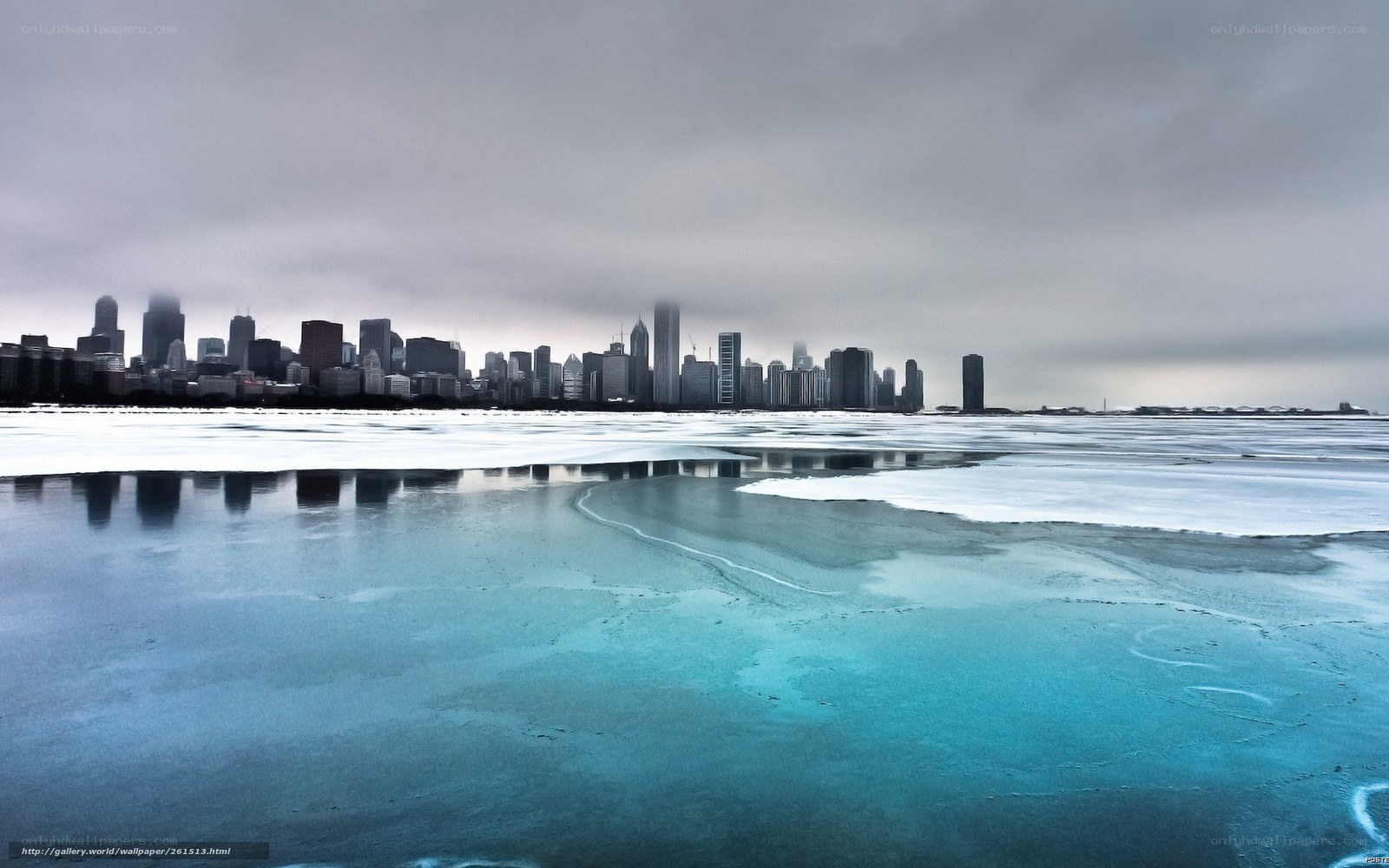 Chicago skyline on frozen lake