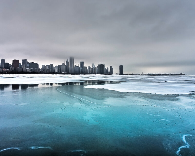 Chicago skyline on frozen lake
