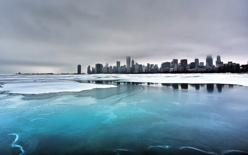 Chicago skyline on frozen lake