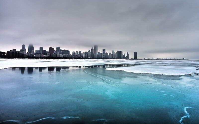 Chicago skyline on frozen lake
