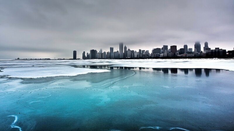 Chicago skyline on frozen lake